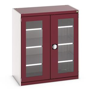 40021131.** Bott Cubio Window Door Cupboard with lockable doors and clear perspex windows. External dimensions are 1050mm wide x 650mm deep x 1200mm high and the cupboard is supplied with 3 x 100kg capacity shelves....